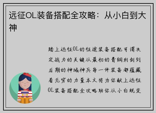 远征OL装备搭配全攻略：从小白到大神